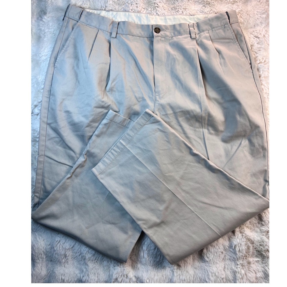 LL Bean Comfort Waist Pleated Chinos Khaki Tan Cotton Pants 42x29 238076